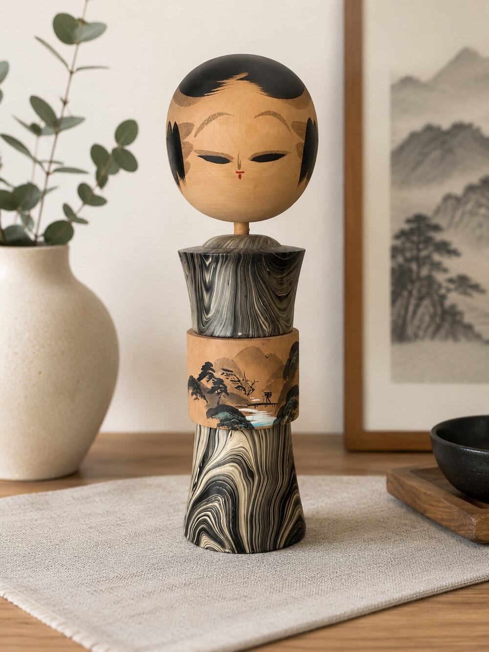 Vintage Japanese Kokeshi Doll Hand Painted Marbled Wood 13.5” Decor